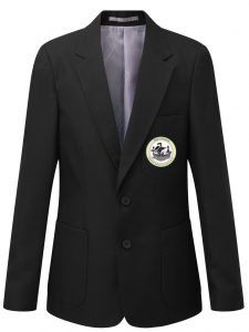 Frontal view of the Rye College boys' fit black blazer with the school logo on the left breast