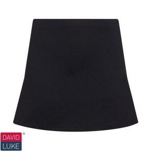 Frontal view of a black PE skort. The David Luke logo can be seen at the bottom left of the image.