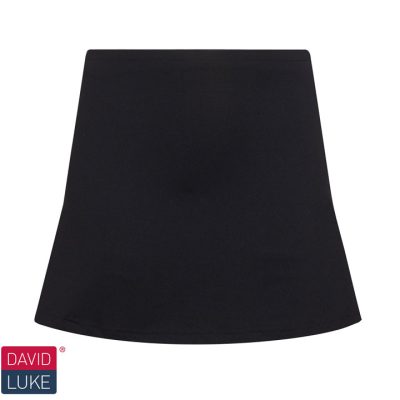 Frontal view of a black PE skort. The David Luke logo can be seen at the bottom left of the image.