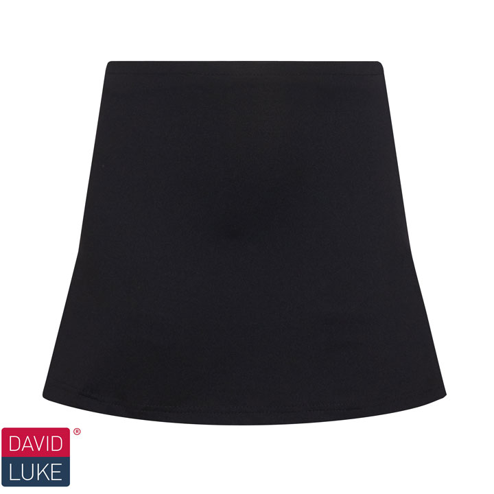 Frontal view of a black PE skort. The David Luke logo can be seen at the bottom left of the image.