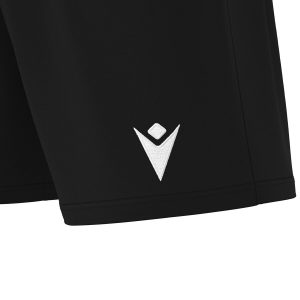 Close-up view of Macron's hero logo embroidered on the leg of black Mesa shorts for PE.