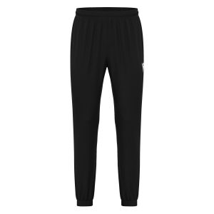 Frontal view of Macron's Neckar tracksuit bottoms for PE in black. The Macron hero logo is embroidered in white on the left thigh.