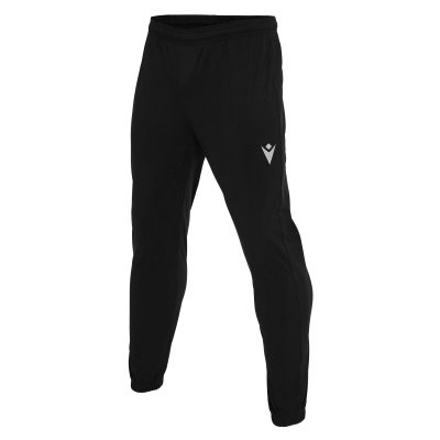 Angled frontal view of Macron's Neckar tracksuit bottoms for PE in black. The Macron hero logo is embroidered in white on the left thigh.