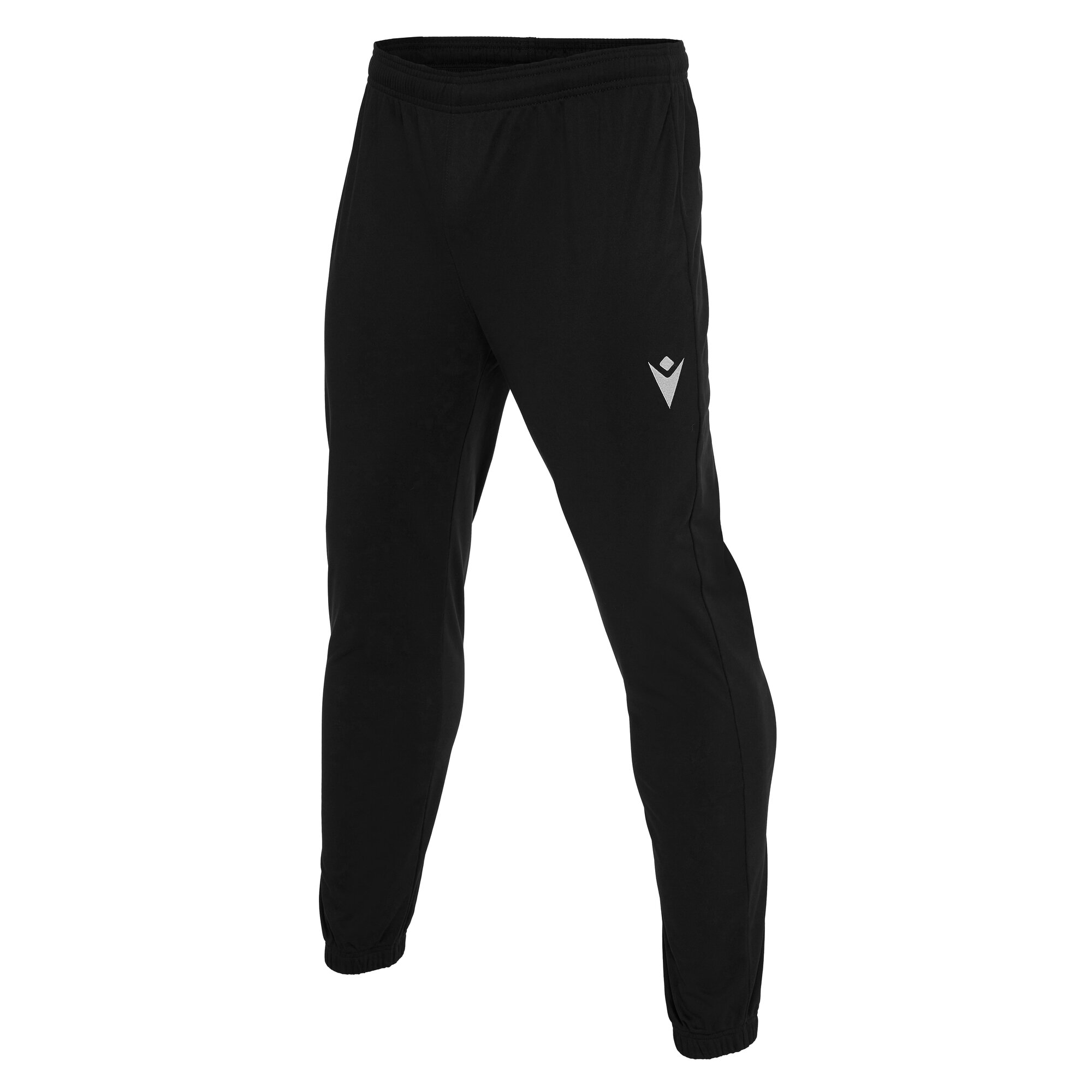 Angled frontal view of Macron's Neckar tracksuit bottoms for PE in black. The Macron hero logo is embroidered in white on the left thigh.