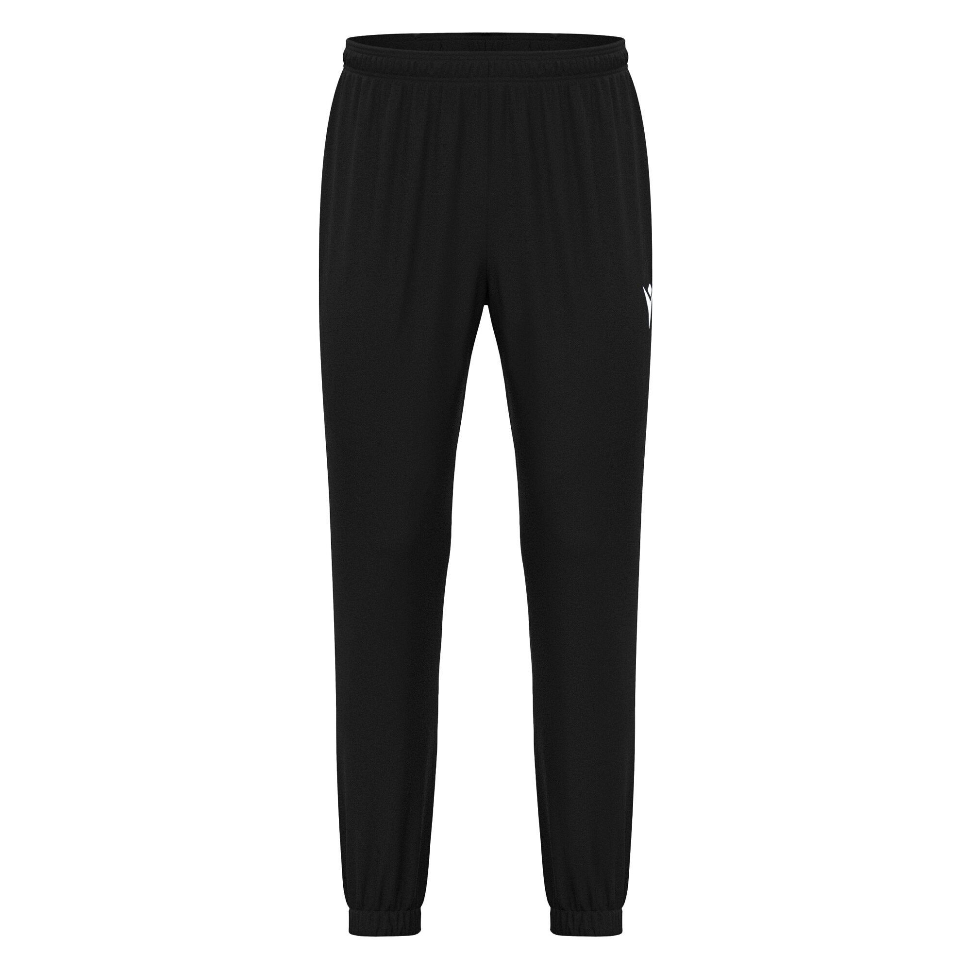Frontal view of Macron's Neckar tracksuit bottoms for PE in black. The Macron hero logo is embroidered in white on the left thigh.