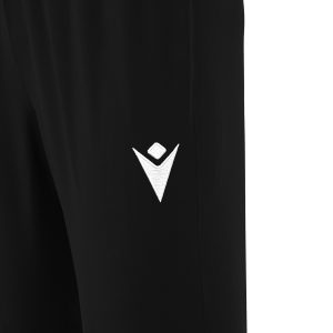 Frontal view of the Macron hero logo embroidered in white on the left thigh of the Neckar tracksuit bottoms for PE in black.