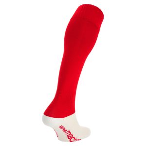 Rear view of Macron's Round Evo sock for PE in red.