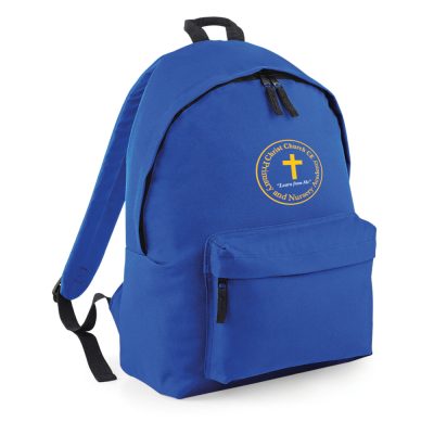 Frontal view of the Christ Church Primary Academy blue backpack with the school's emblem emboidered on the front above a zipped compartment.