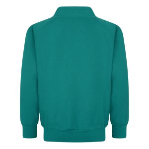 Rear view of a jade cardigan.