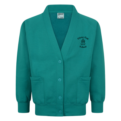 Frontal view of the Glyne Gap jade cardigan with the school's logo embroidered on the left breast.
