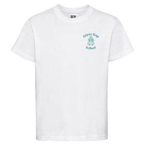 Frontal view of the white Glyne Gap PE t-shirt with the school's emblem embroidered on the left breast.