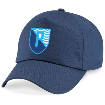 Frontal view of teh Pebsham Primary School navy summer cap with the school's emblem printed on the front.
