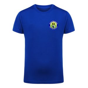 Frontal view of the Pebsham Primary School royal blue PE t-shirt with the school's emblem printed on the left breast.