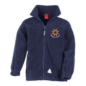 Frontal view of the Salehurst Primary School navy fleece with the school's mblem embroidered on the left breast.