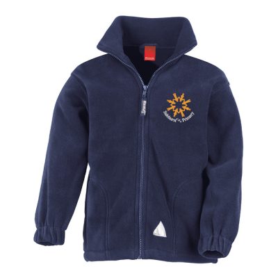 Frontal view of the Salehurst Primary School navy fleece with the school's mblem embroidered on the left breast.