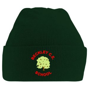 Frontal view of the Beckley Primary School bottle green winter beanie with the logo embroidered on the front.