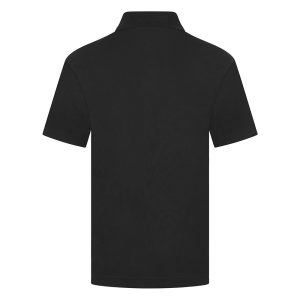 Rear view of a black polo shirt.