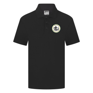 Frontal view of the Rye College black polo shirt.