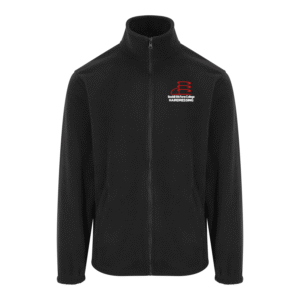Frontal view of the Bexhill College Hairdressing black fleece with the college's logo embroidered on the left breast with hairdressing wording below.