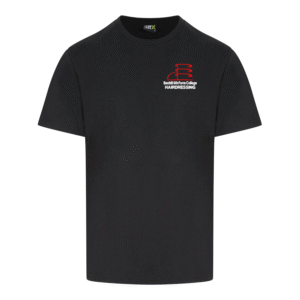 Frontal view of the Bexhill College short-sleeve t-shirt. A black t-shirt with the college's logo embroidered on the right breast with the word "HAIRDRESSING" below.