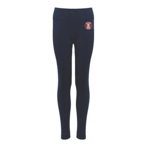 Frontal view of the Bexhill Academy navy PE leggings with the school's emblem below the waistband on the left when worn.