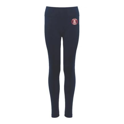 Frontal view of the Bexhill Academy navy PE leggings with the school's emblem below the waistband on the left when worn.