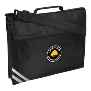 Frontal view of the Oakwood Primary Academy book bag. A black book bag with the school's logo printed to the front.