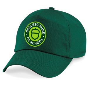 Frontal side-on view of the Sedlescombe Primary School bottle green summer cap.