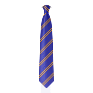 A digital mockup of the Staplecross tie. A royal blue tie with repeating double stripes of golden orange.