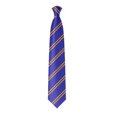 A digital mockup of the Staplecross tie. A royal blue tie with repeating double stripes of golden orange.