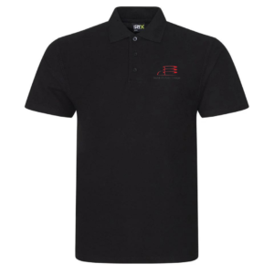Frontal view of a black polo shirt with the Bexhill College logo embroidered on the left breast.