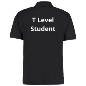 Rear view of a black polo shirt with white text printed over two lines that reads: "T Level Student".