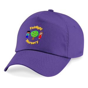 Frontal view of the Fairlight Playgroup and Nursery summer cap with the school's emblem on the front.