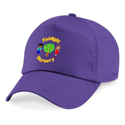 Frontal view of the Fairlight Playgroup and Nursery summer cap with the school's emblem on the front.