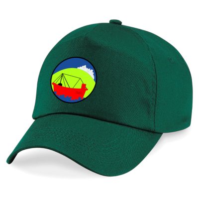 Frontal view of the Torfield School bottle green summer cap with the school's emblem printed on the front.