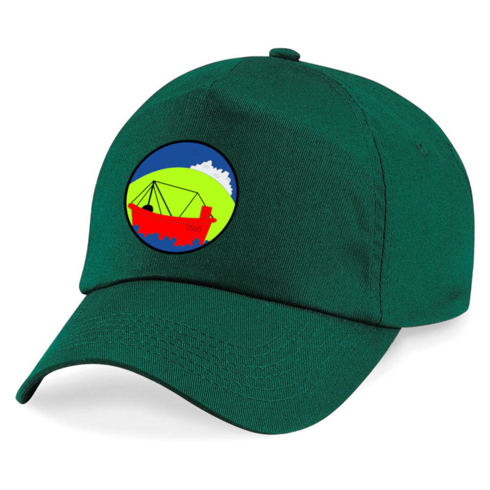 Frontal view of the Torfield School bottle green summer cap with the school's emblem printed on the front.