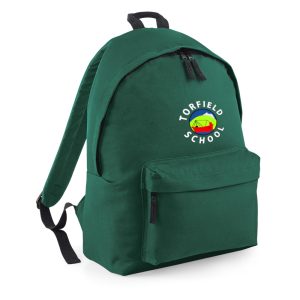 Frontal view of the Torfield School bottle green backpack with the school's emblem emboidered on the front above a zipped compartment.