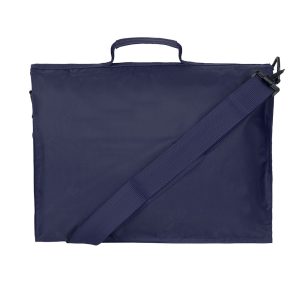 Rear view of a navy blue book bag with a detachable shoulder strap.