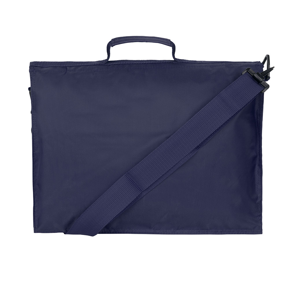 Rear view of a navy blue book bag with a detachable shoulder strap.