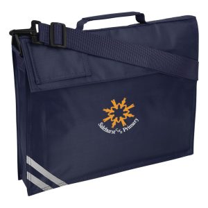 Frontal view of the Salehurst Primary School navy book bag with the school's emblem printed on the front.