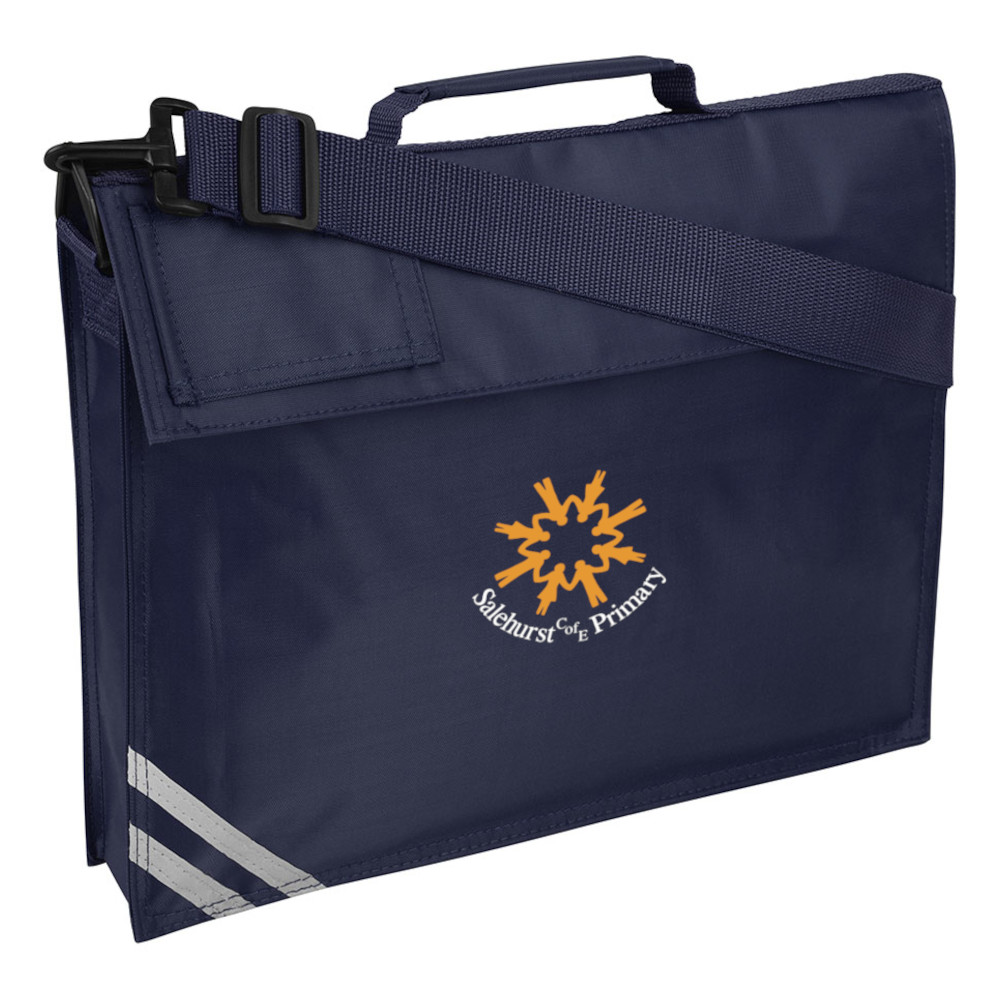 Frontal view of the Salehurst Primary School navy book bag with the school's emblem printed on the front.