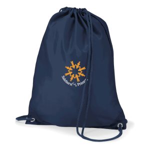 Frontal view of the Salehurts Primary School navy PE bag with the school's emblem printed on the front.