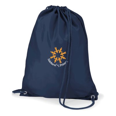 Frontal view of the Salehurts Primary School navy PE bag with the school's emblem printed on the front.