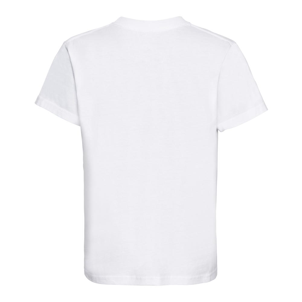 Rear view of a plain white t-shirt.