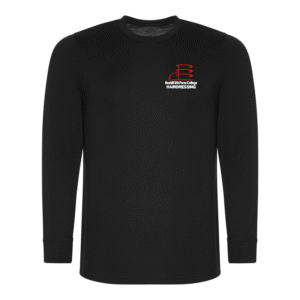 Frontal view of the Bexhill College long-sleeve t-shirt. A black t-shirt with the college's logo embroidered on the right breast with the word "HAIRDRESSING" below.