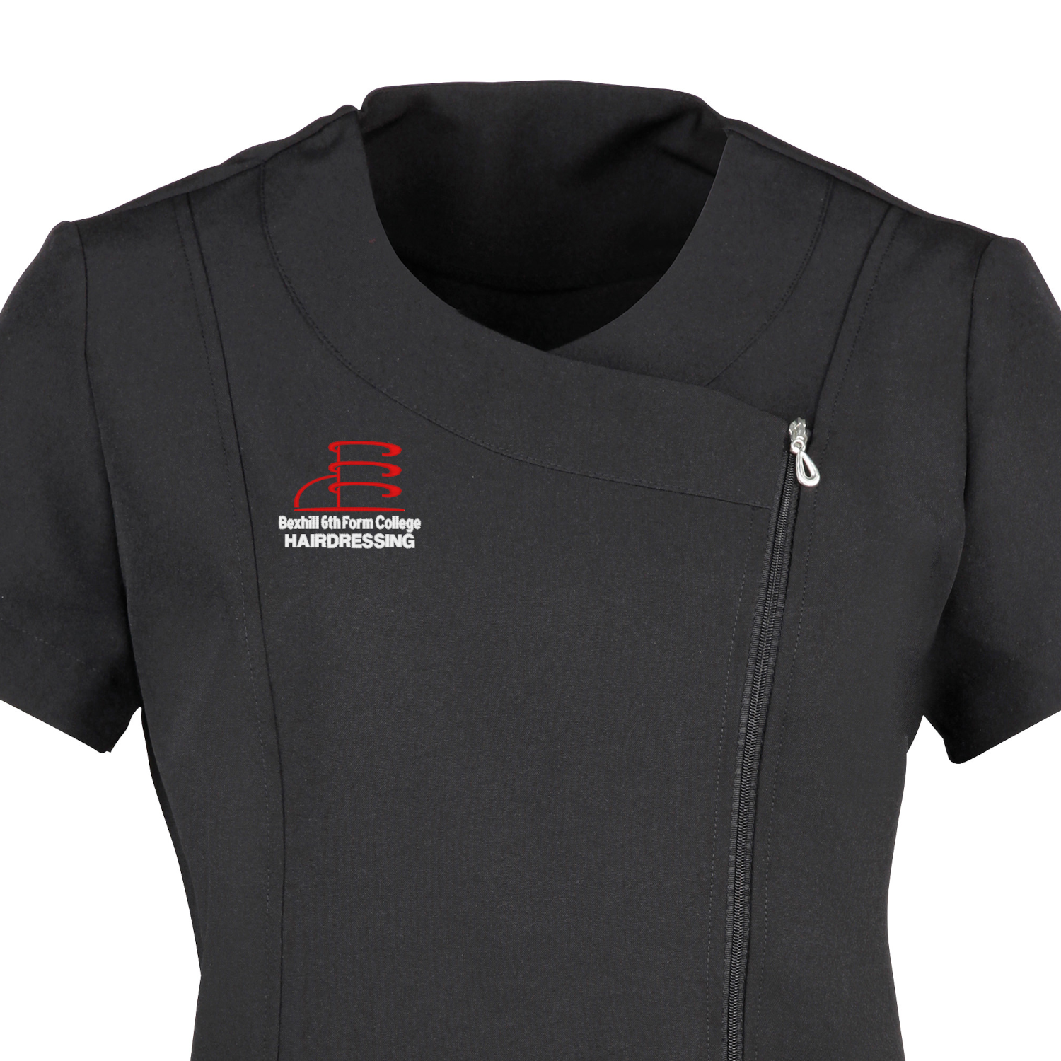 Close up view of the top of the Bexhill College hairdressing tunic. A black tunic with the college's logo