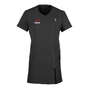 Frontal view of the Bexhill College hairdressing tunic. A black tunic with the college's logo embroidered on the right breast with the word "HAIRDRESSING" below.