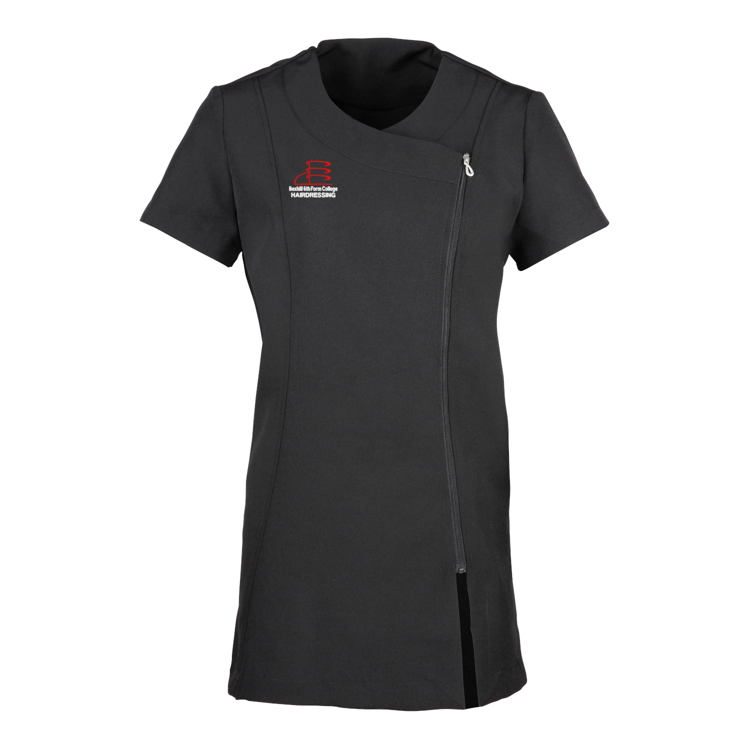 Frontal view of the Bexhill College hairdressing tunic. A black tunic with the college's logo embroidered on the right breast with the word "HAIRDRESSING" below.