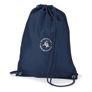 Frontal view of the Ninfield Primary School navy PE bag with the school's emblem printed on the front.