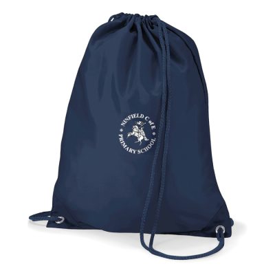 Frontal view of the Ninfield Primary School navy PE bag with the school's emblem printed on the front.